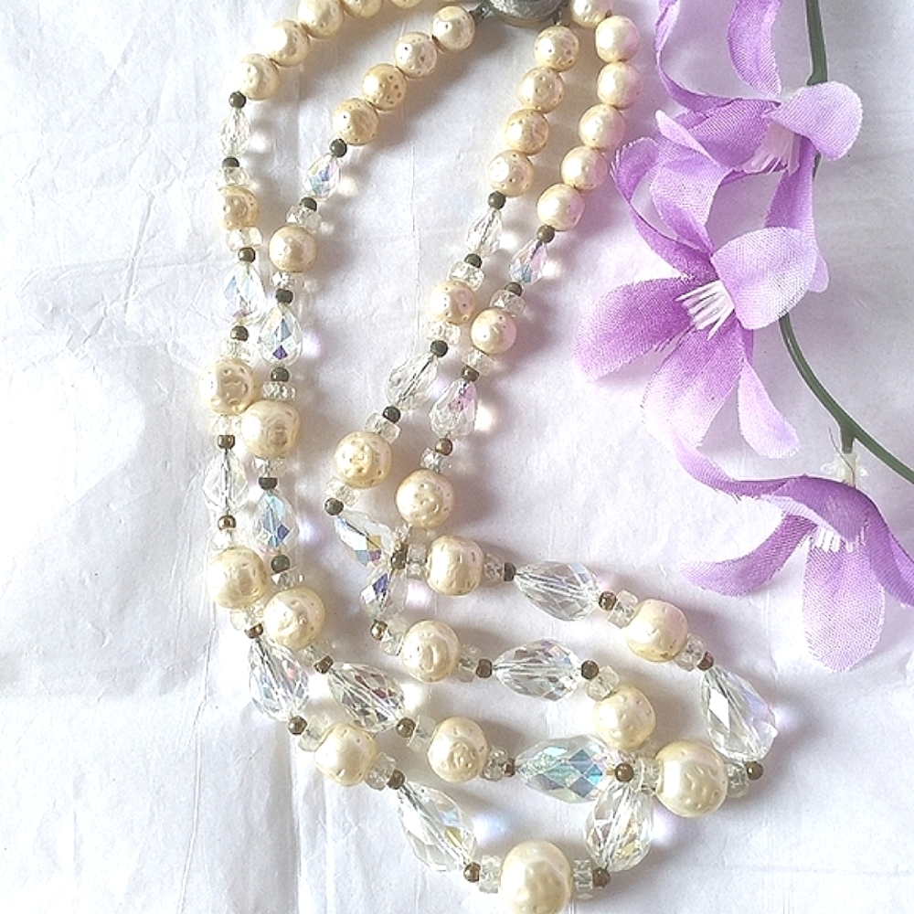 BAROQUE PEARL & AURORA BOREALIS GLASS CRYSTAL NECKLACE - DOUBLE STRAND
